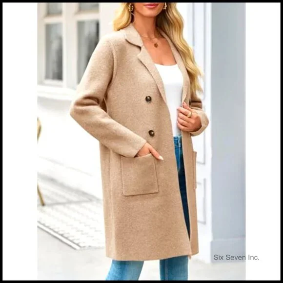 Chunky Knit Cardigan Coatigan Open Front Lapel Collar Casual Elegant Sweater - Picture 4 of 6